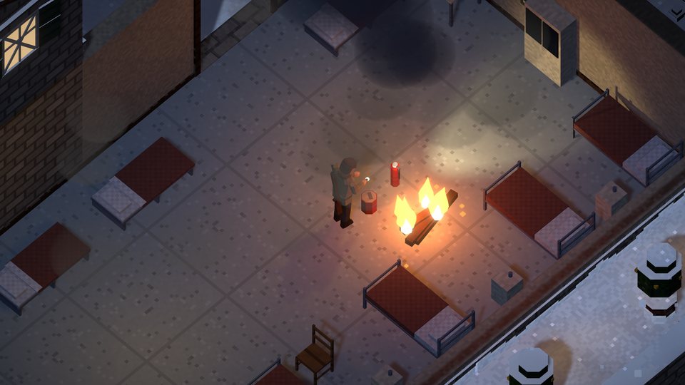 Inside the infirmary on a winter night: the commander beating down a fire among the beds by torchlight, a fire extinguisher and a bucket at hand, snow outside the windows.