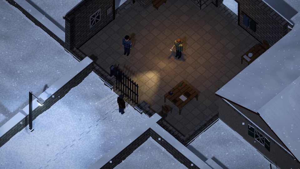 The gatehouse on a snowy night: a figure waiting outside the gate grille, a guard and the commander with a torch inside, a lamp burning over the approach.