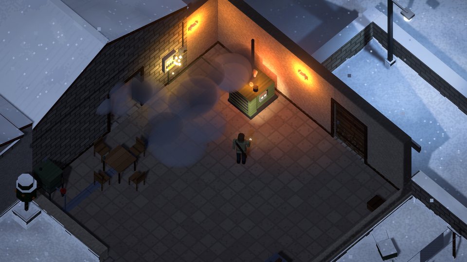 The service wing in the orange of its emergency lamps: smoke rolling from the generator, sparks at the fuse board, the commander looking on with a torch, snow outside.