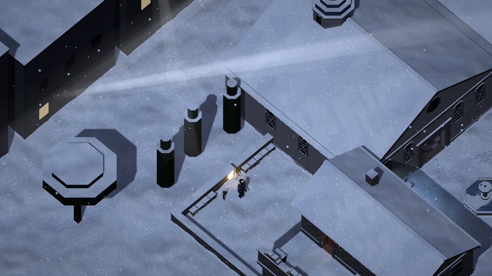 A searchlight beam sweeping over the snowy roofs from the city beyond the walls, a figure with a torch on the lookout below.