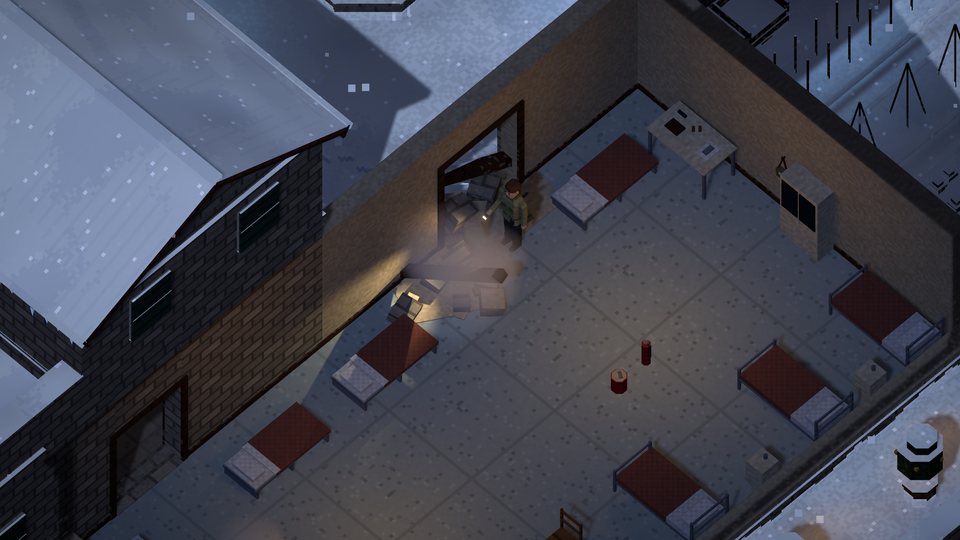 Inside the infirmary on a winter night after a bomb: the wall by the door broken in, a beam and rubble fallen among the beds, dust hanging in the commander's torchlight.