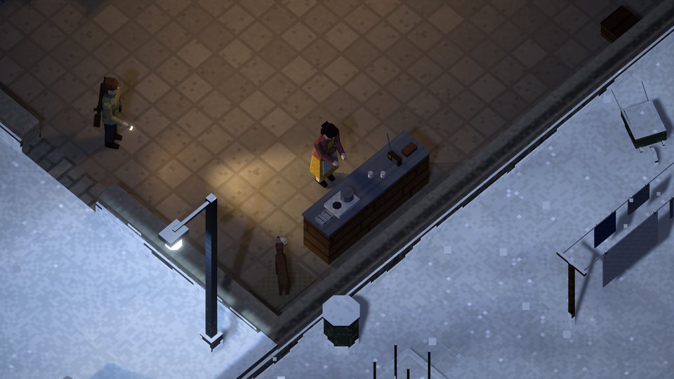 The kitchen in the service wing: supper on the stove, the dog by the counter, the commander at the door with a torch, snow in the courtyard under a lamp.