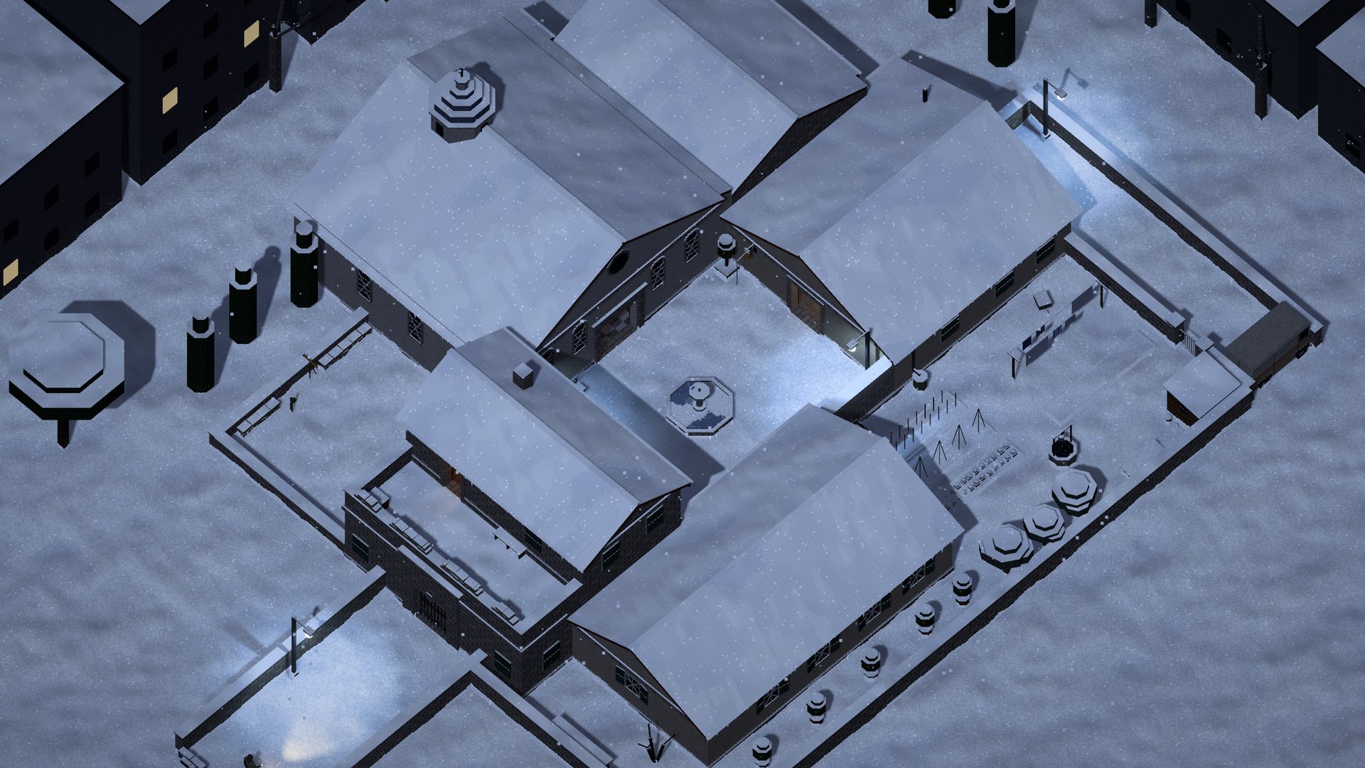 The compound from above on a winter night: snow on the roofs and in the courtyard, lamps burning by the walls, the garden and the city beyond.